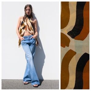 NWOT. Zara Camel Cotton Printed Rectangular Scarf. 74" X 37".